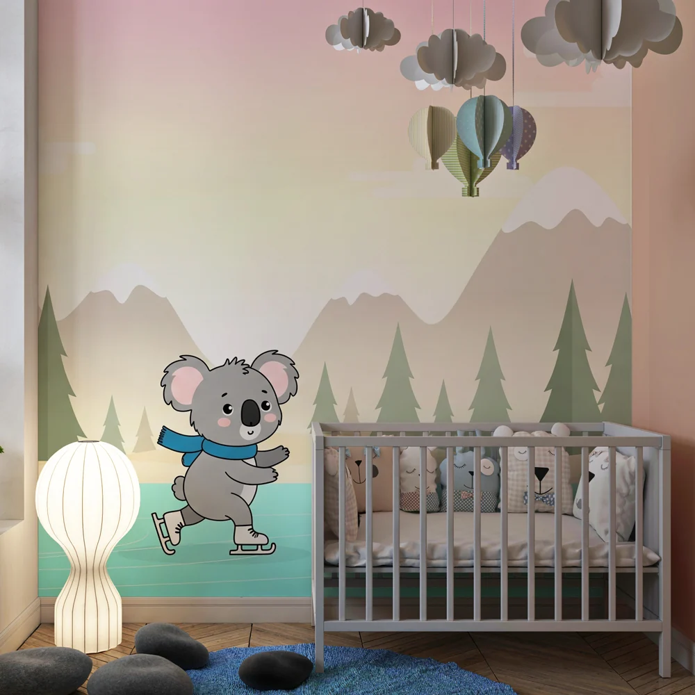 Lastenhuoneen tapetti | Koala luistelija talvimaisemassa