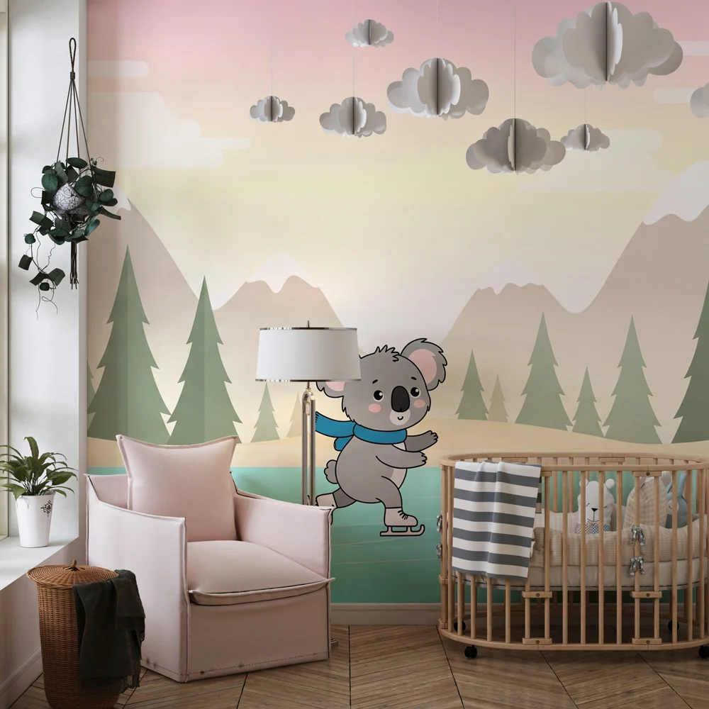 Lastenhuoneen tapetti | Koala luistelija talvimaisemassa