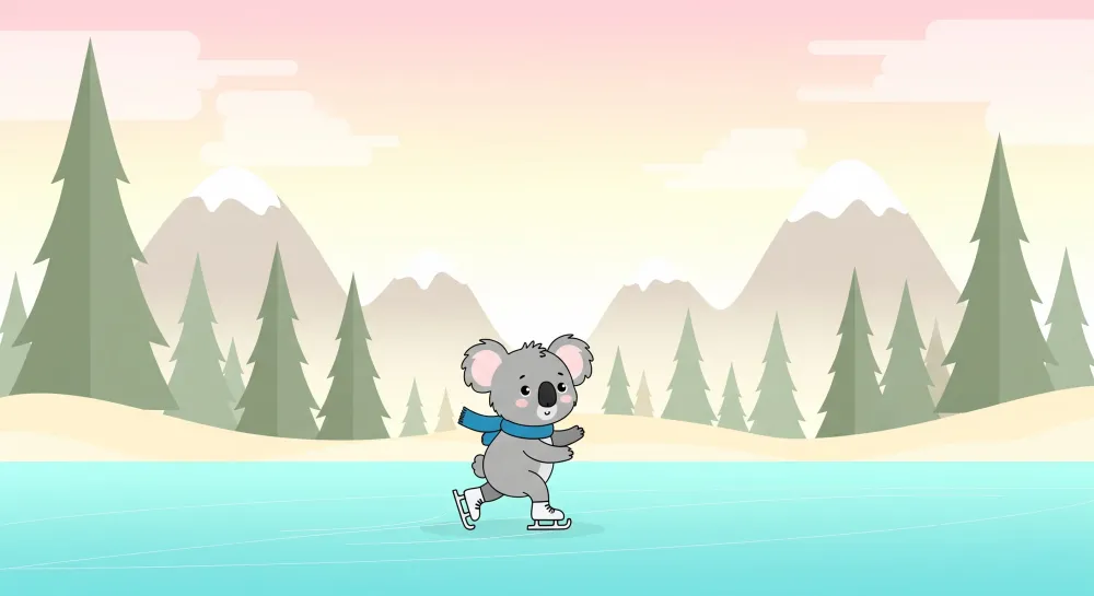 Lastenhuoneen tapetti | Koala luistelija talvimaisemassa