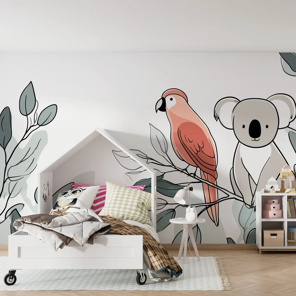 Lastenhuoneen tapetti | Koala ja papukaija lehtien taustalla