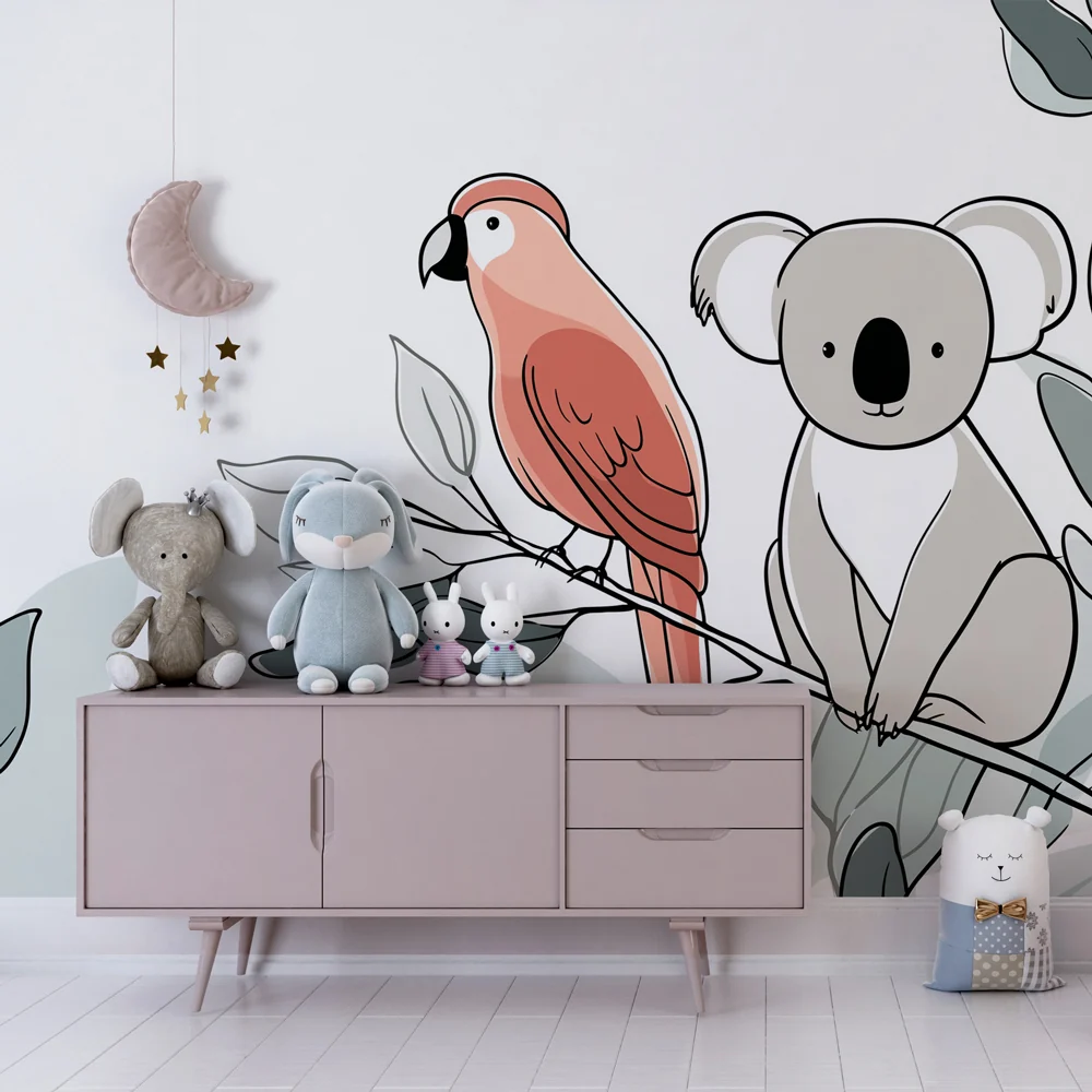 Lastenhuoneen tapetti | Koala ja papukaija lehtien taustalla