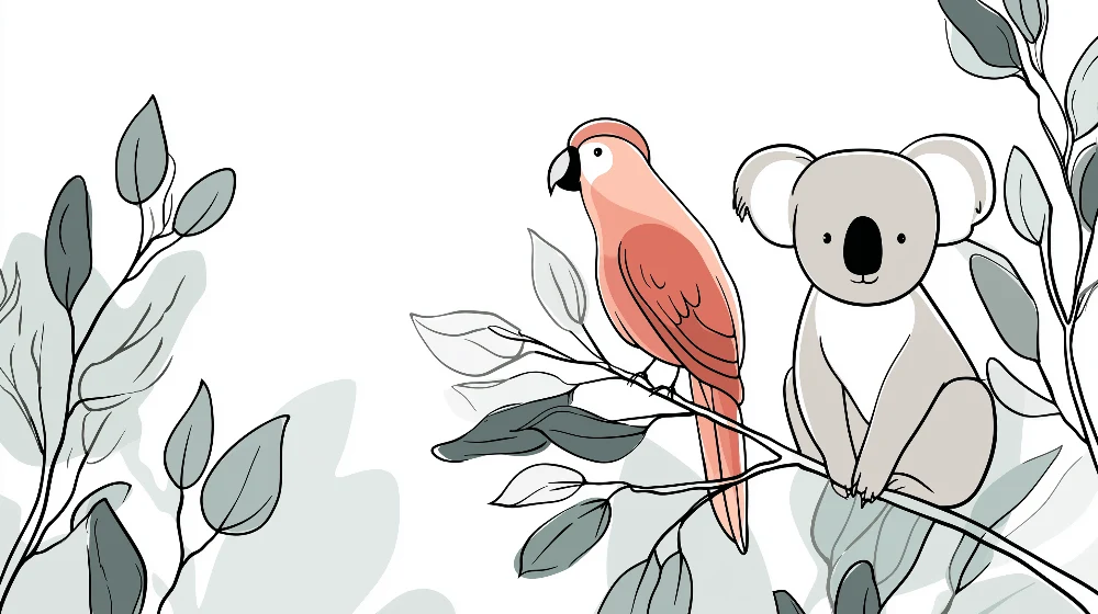 Lastenhuoneen tapetti | Koala ja papukaija lehtien taustalla