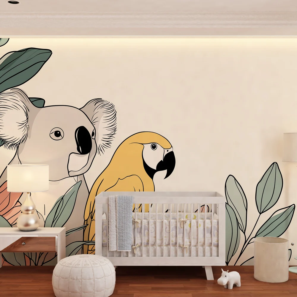 Lastenhuoneen tapetti | Koala ja papukaija värikkäässä viidakossa