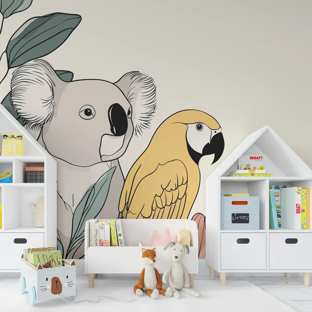 Lastenhuoneen tapetti | Koala ja papukaija värikkäässä viidakossa