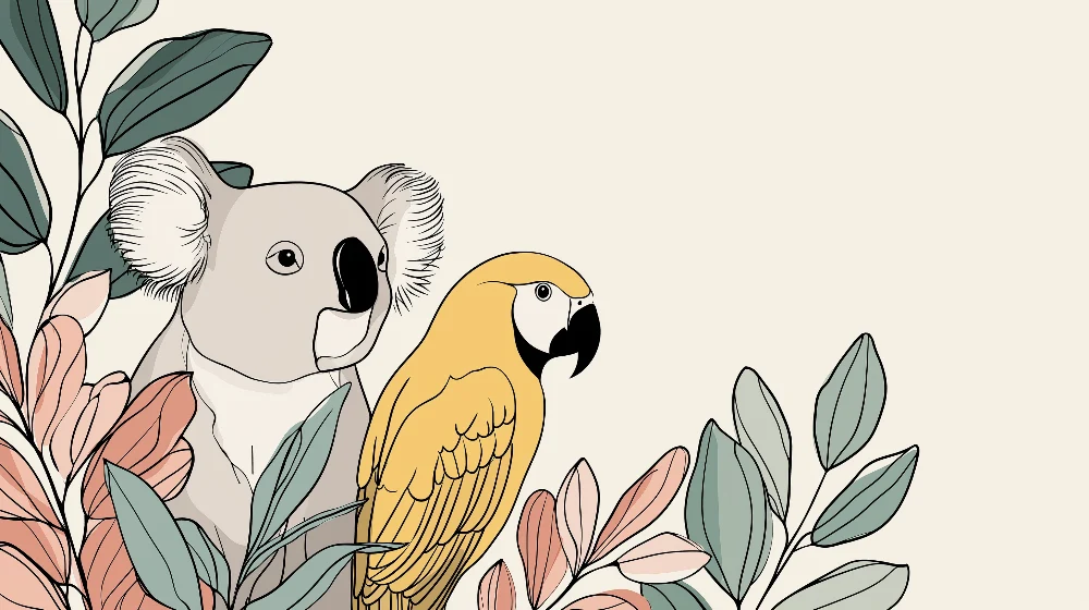 Lastenhuoneen tapetti | Koala ja papukaija värikkäässä viidakossa