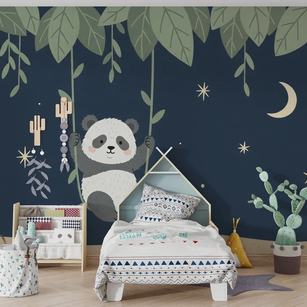 Lastenhuoneen tapetti | Leikkisä panda tähtien alla
