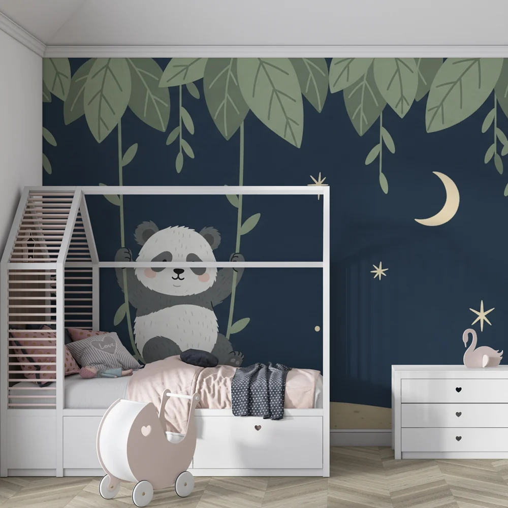 Lastenhuoneen tapetti | Leikkisä panda tähtien alla