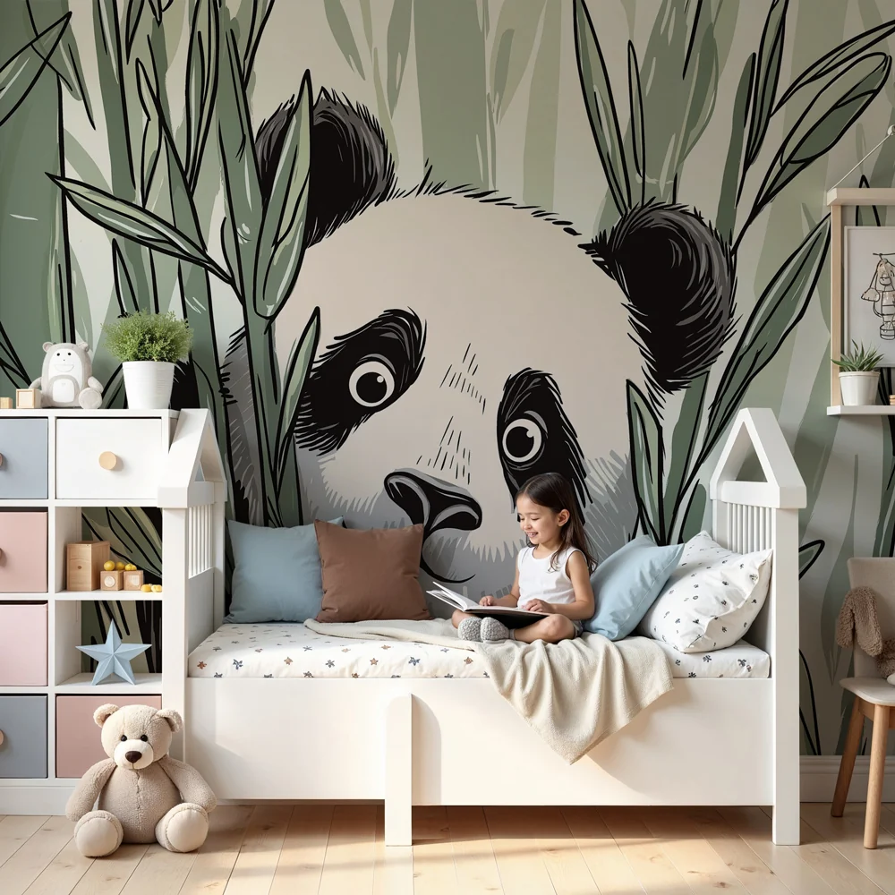 Lastenhuoneen tapetti | Leikkisä panda viidakossa