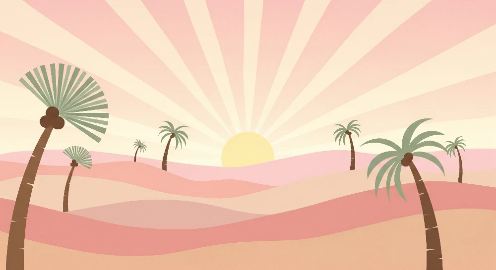 Lastenhuoneen tapetti | Lempeä autiomaan maisema palmuineen ja auringonnousu
