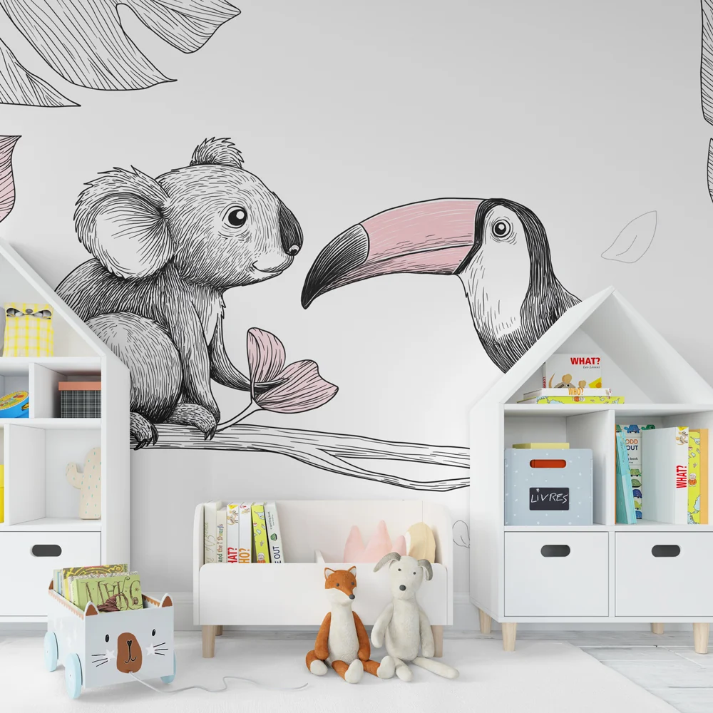 Lastenhuoneen tapetti | Lempeä koala ja tukaani oksalla