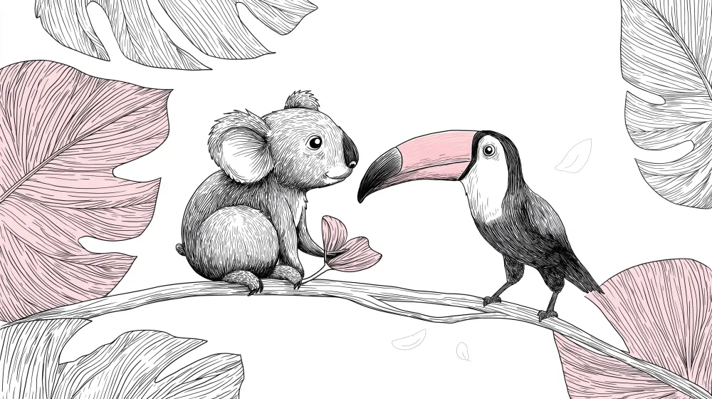 Lastenhuoneen tapetti | Lempeä koala ja tukaani oksalla