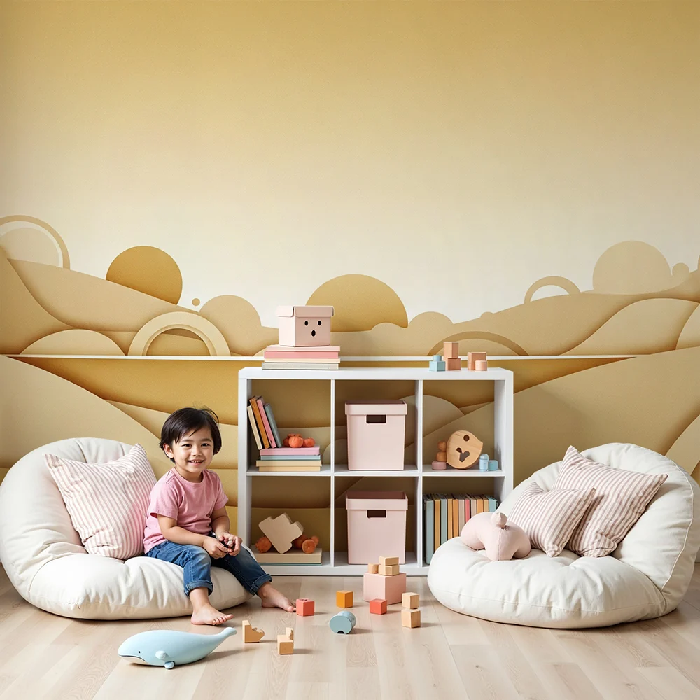 Lastenhuoneen tapetti | Lempeä maisema beige- ja kultasävyissä
