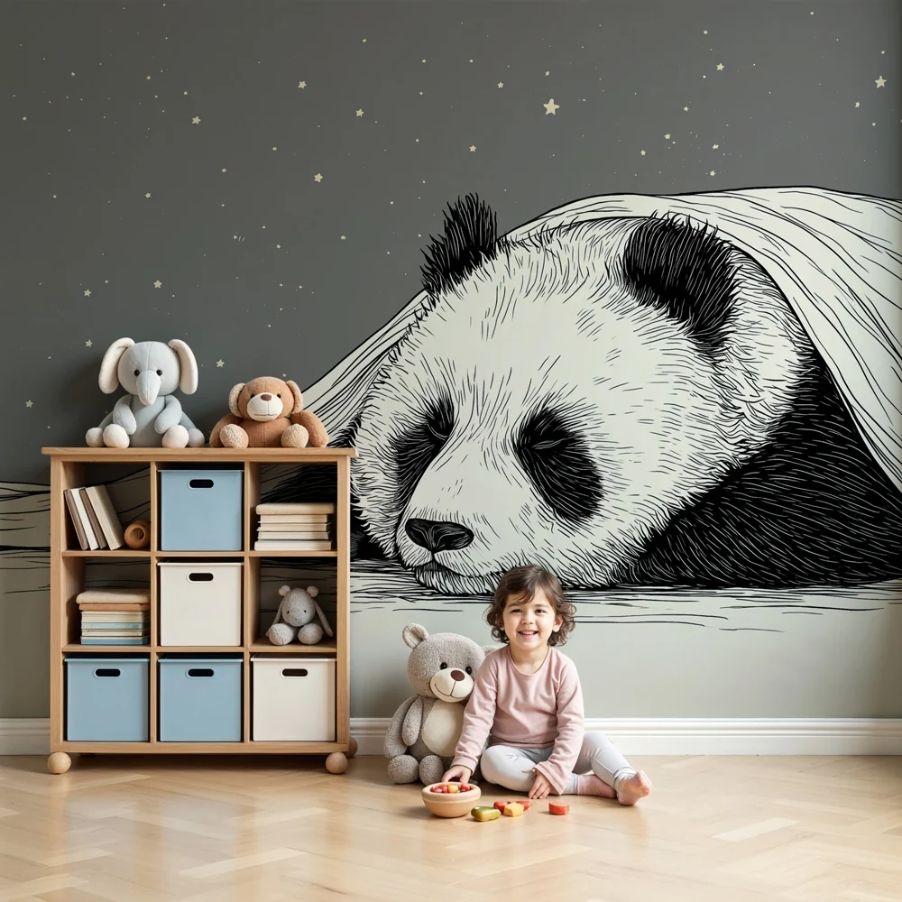 Lastenhuoneen tapetti | Lempeä panda tähtien alla
