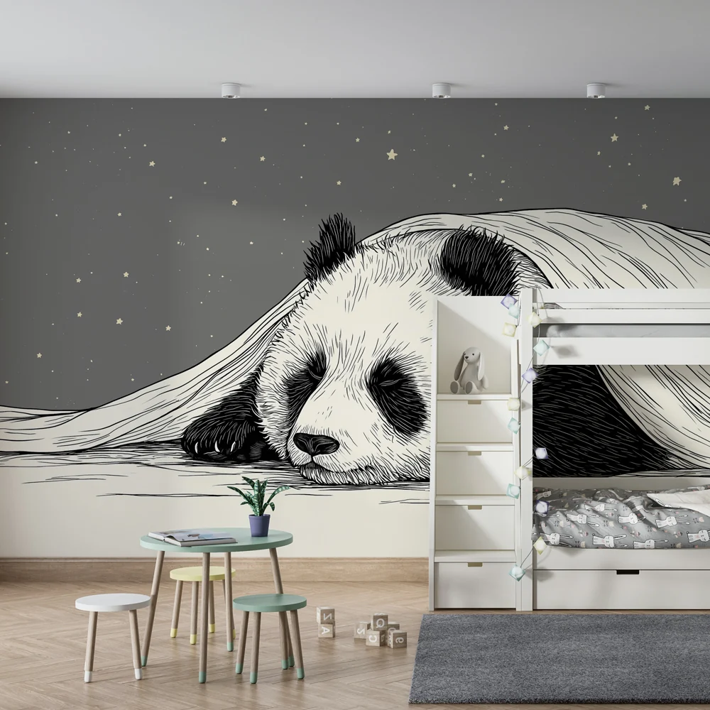 Lastenhuoneen tapetti | Lempeä panda tähtien alla