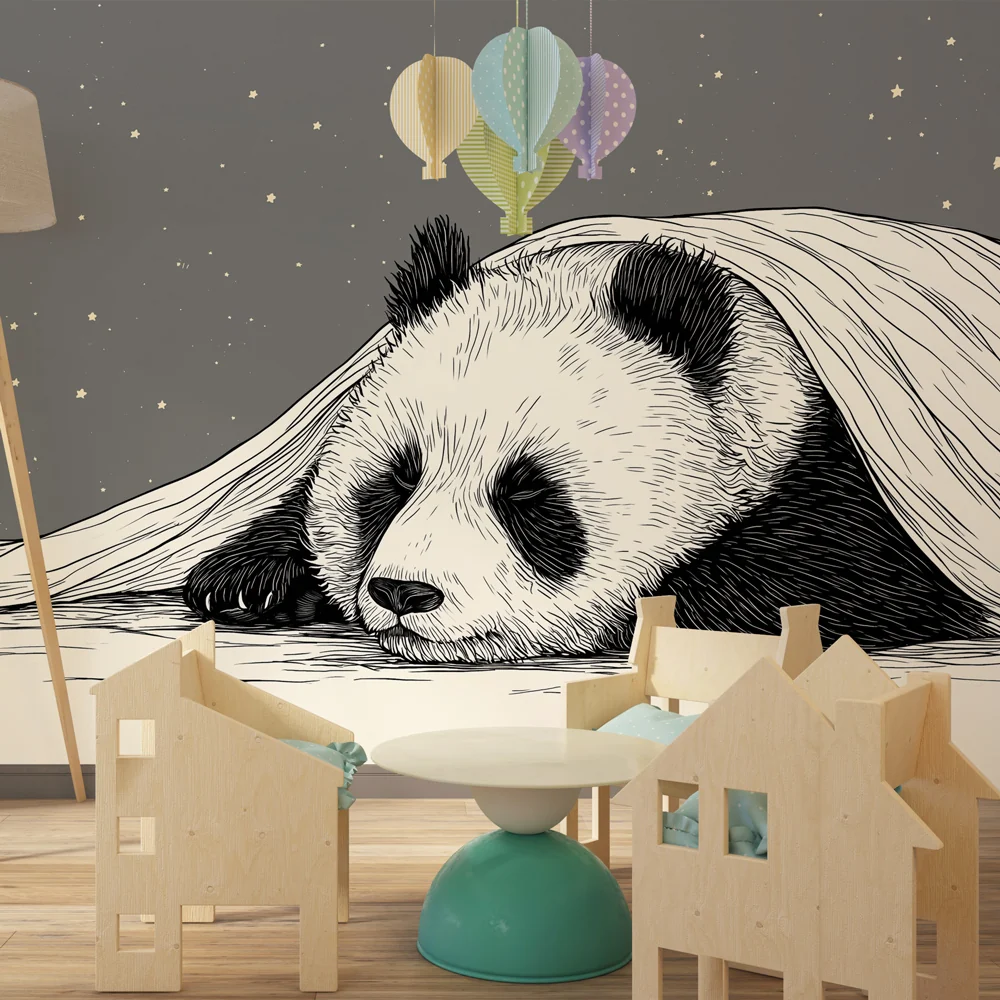 Lastenhuoneen tapetti | Lempeä panda tähtien alla