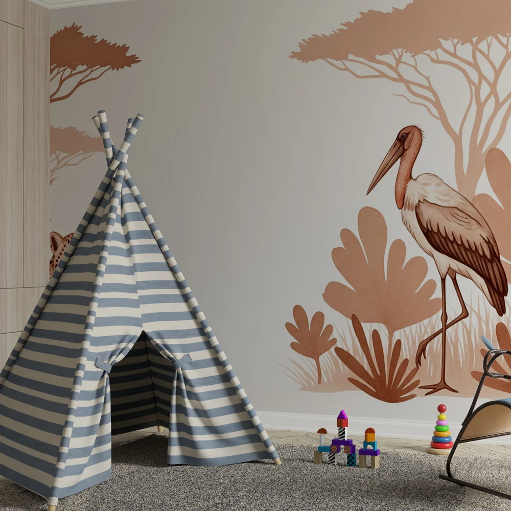 Lastenhuoneen tapetti | Leopardi ja flamingo savannilla