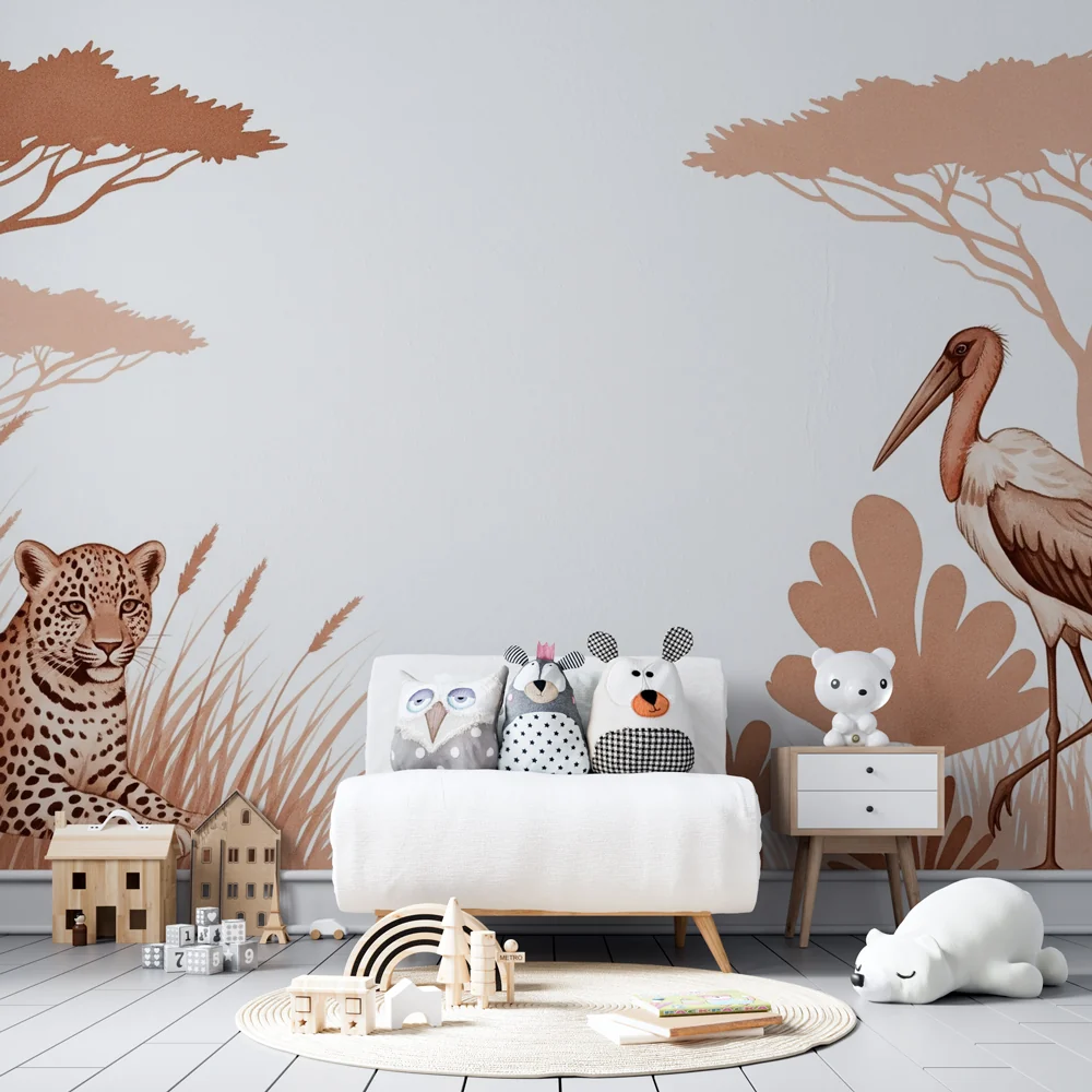 Lastenhuoneen tapetti | Leopardi ja flamingo savannilla