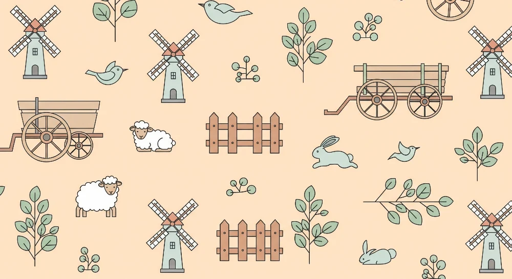 Lastenhuoneen tapetti | Maatilakohtaus lampailla, kaneilla ja tuulimyllyillä
