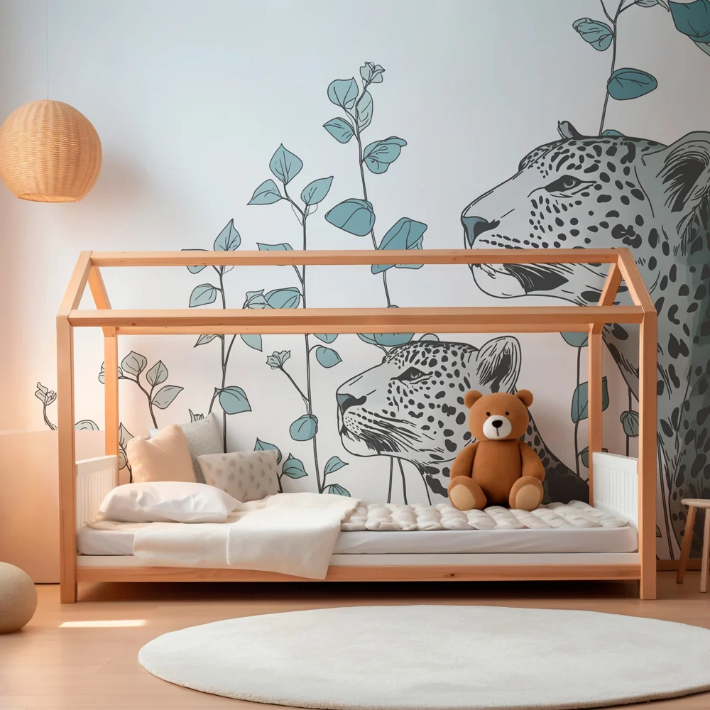 Lastenhuoneen tapetti | Majesteettiset leopardit ja herkkä lehtikuvio