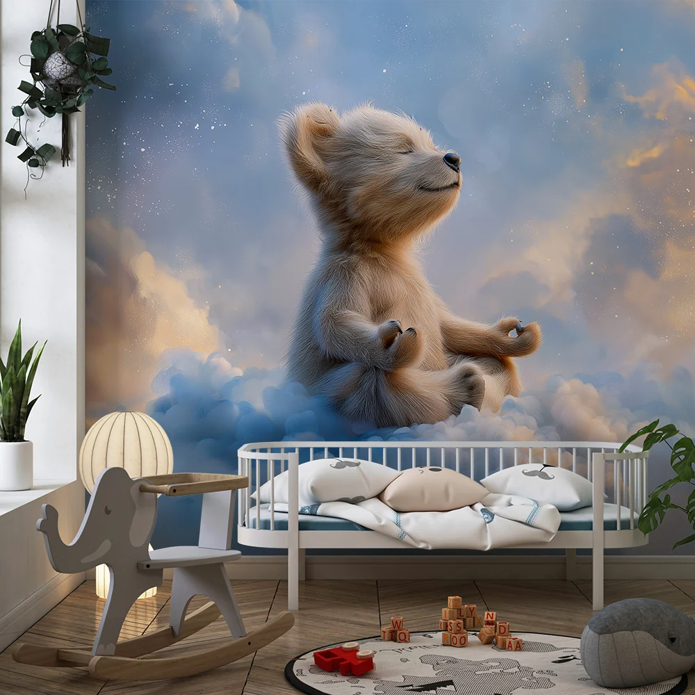Lastenhuoneen tapetti | Meditoiva nalle leijuu pilvissä