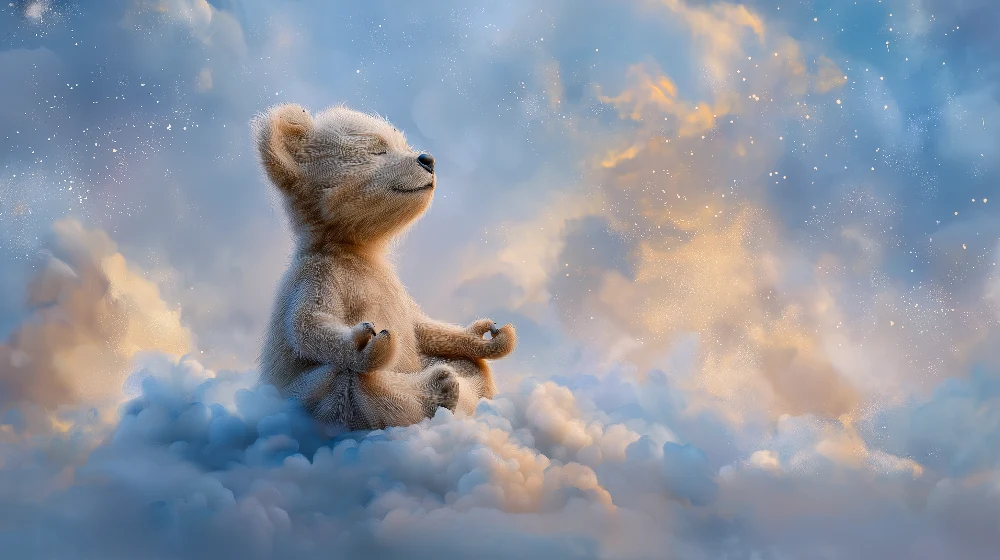 Lastenhuoneen tapetti | Meditoiva nalle leijuu pilvissä