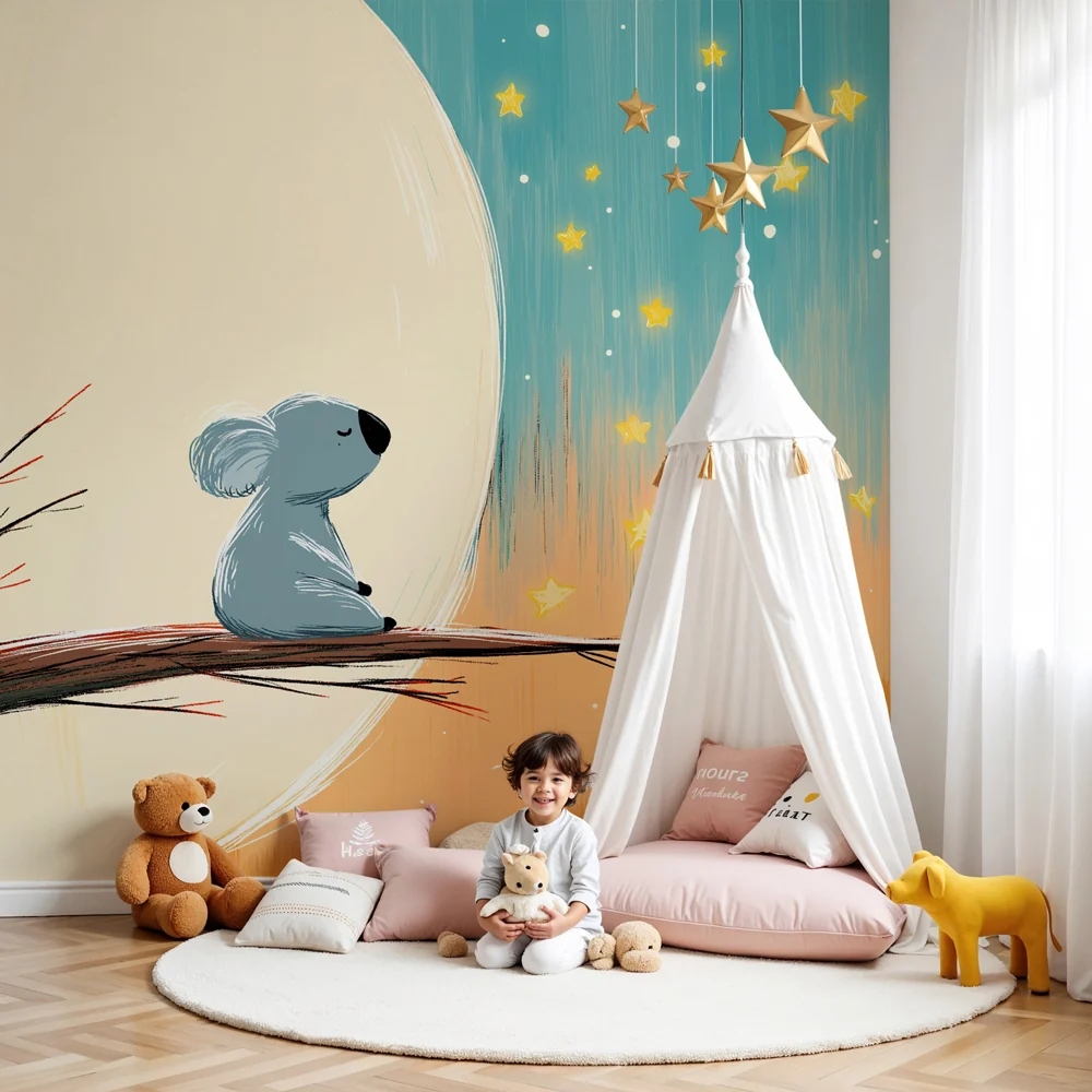 Lastenhuoneen tapetti | Mietiskelevä koala tähtien alla