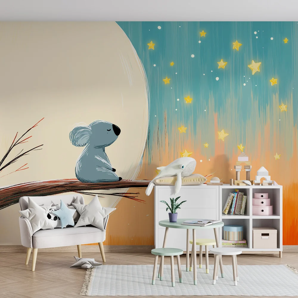 Lastenhuoneen tapetti | Mietiskelevä koala tähtien alla