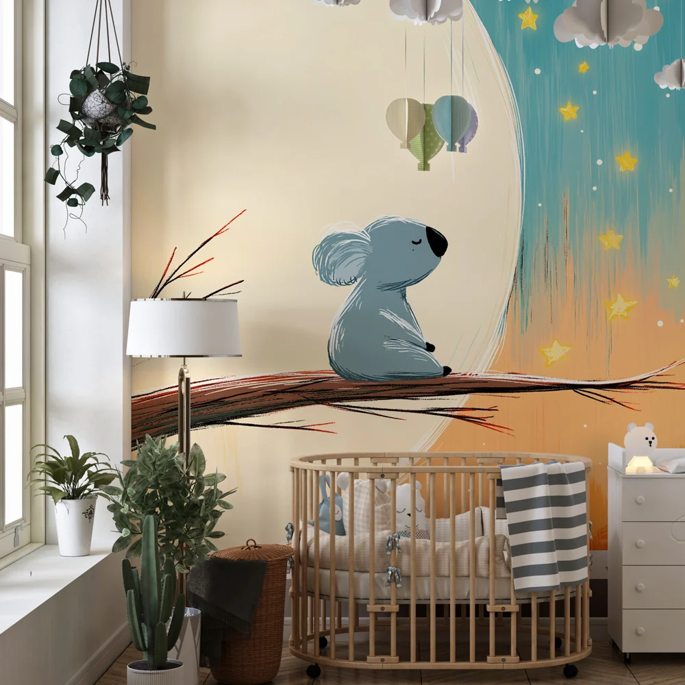 Lastenhuoneen tapetti | Mietiskelevä koala tähtien alla