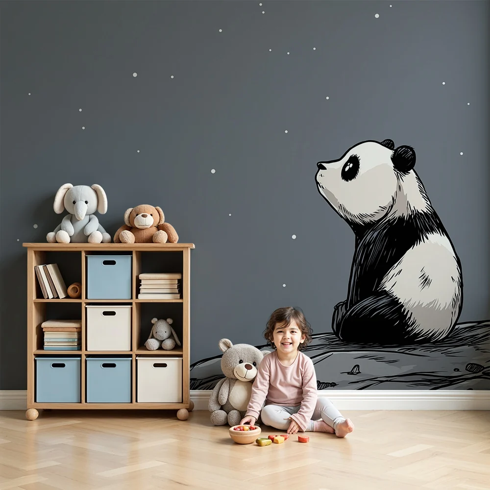 Lastenhuoneen tapetti | Mietiskelevä panda tähtitaivaan alla
