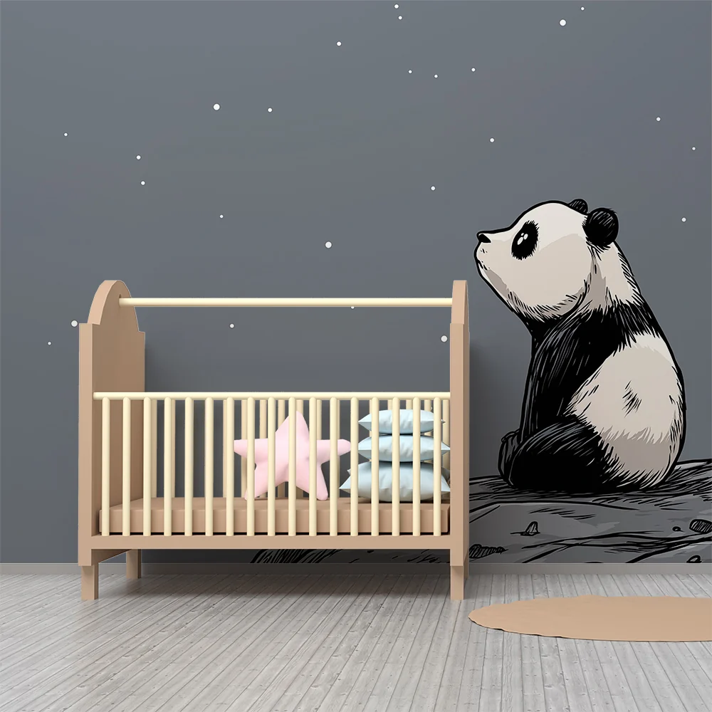 Lastenhuoneen tapetti | Mietiskelevä panda tähtitaivaan alla