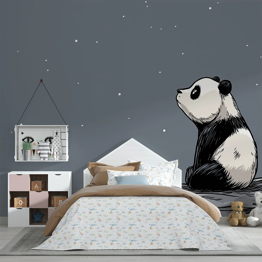 Lastenhuoneen tapetti | Mietiskelevä panda tähtitaivaan alla
