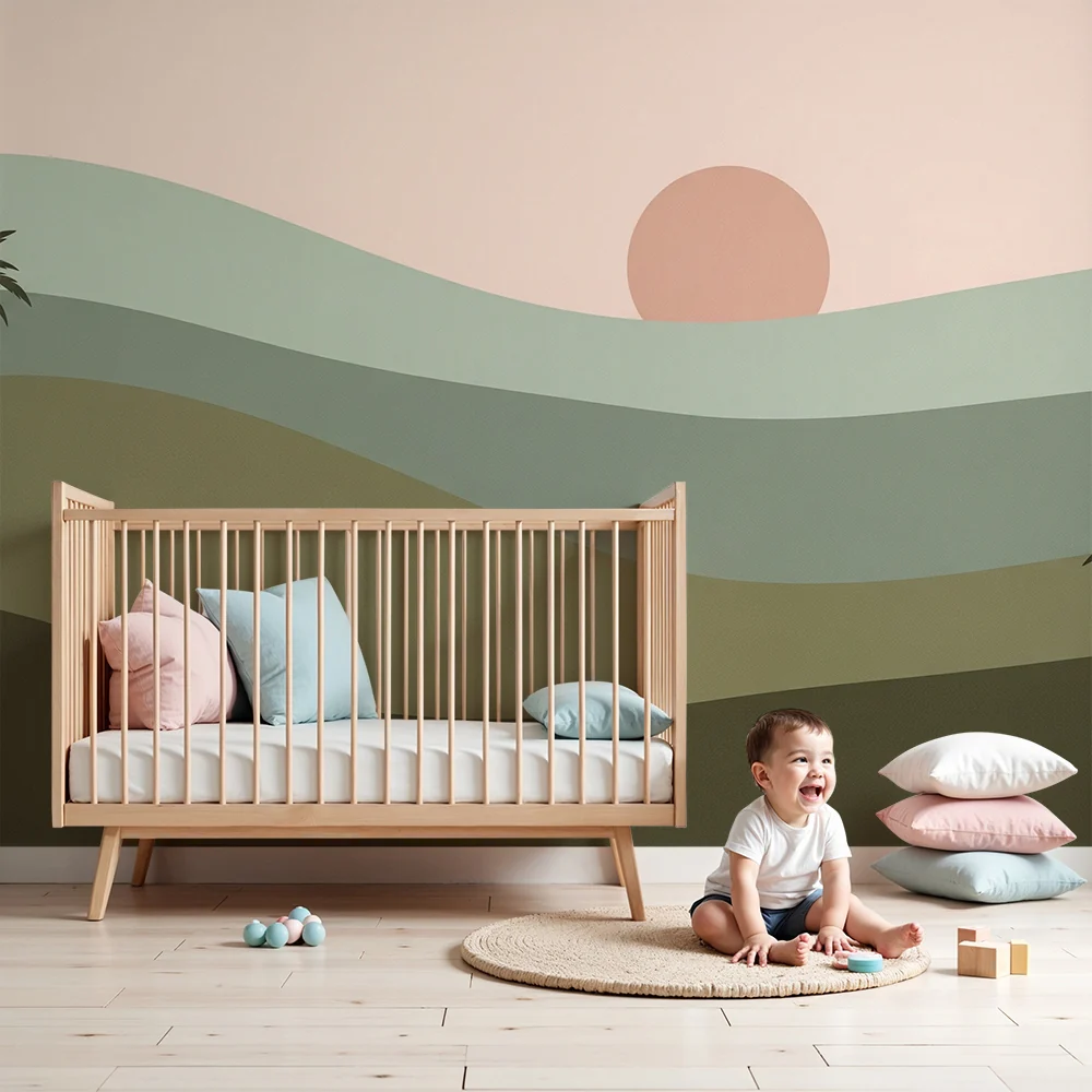 Lastenhuoneen tapetti | Minimalistinen maisema palmuilla ja lempeä auringonlasku