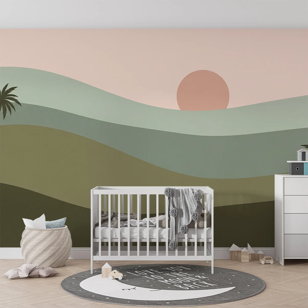 Lastenhuoneen tapetti | Minimalistinen maisema palmuilla ja lempeä auringonlasku