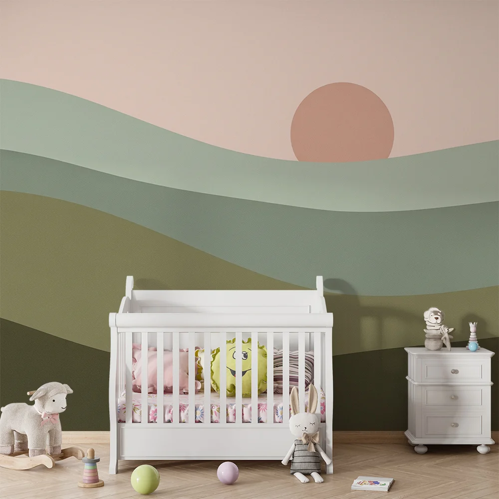 Lastenhuoneen tapetti | Minimalistinen maisema palmuilla ja lempeä auringonlasku