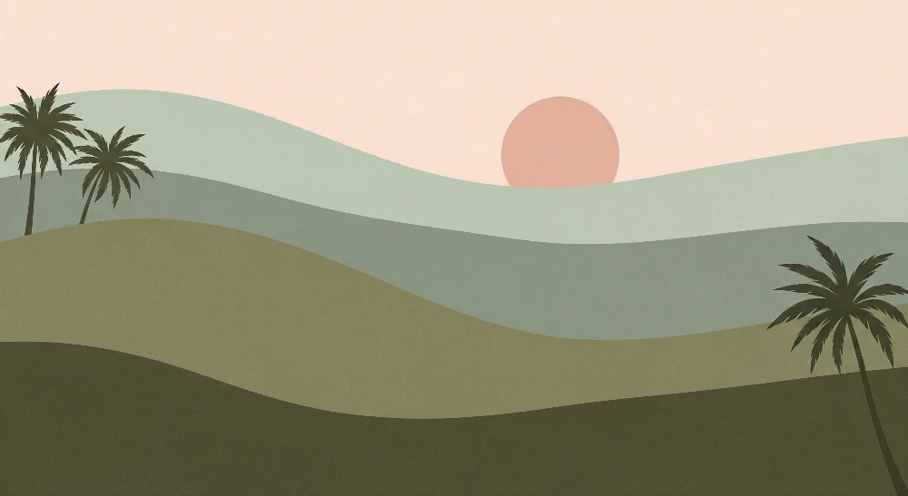 Lastenhuoneen tapetti | Minimalistinen maisema palmuilla ja lempeä auringonlasku