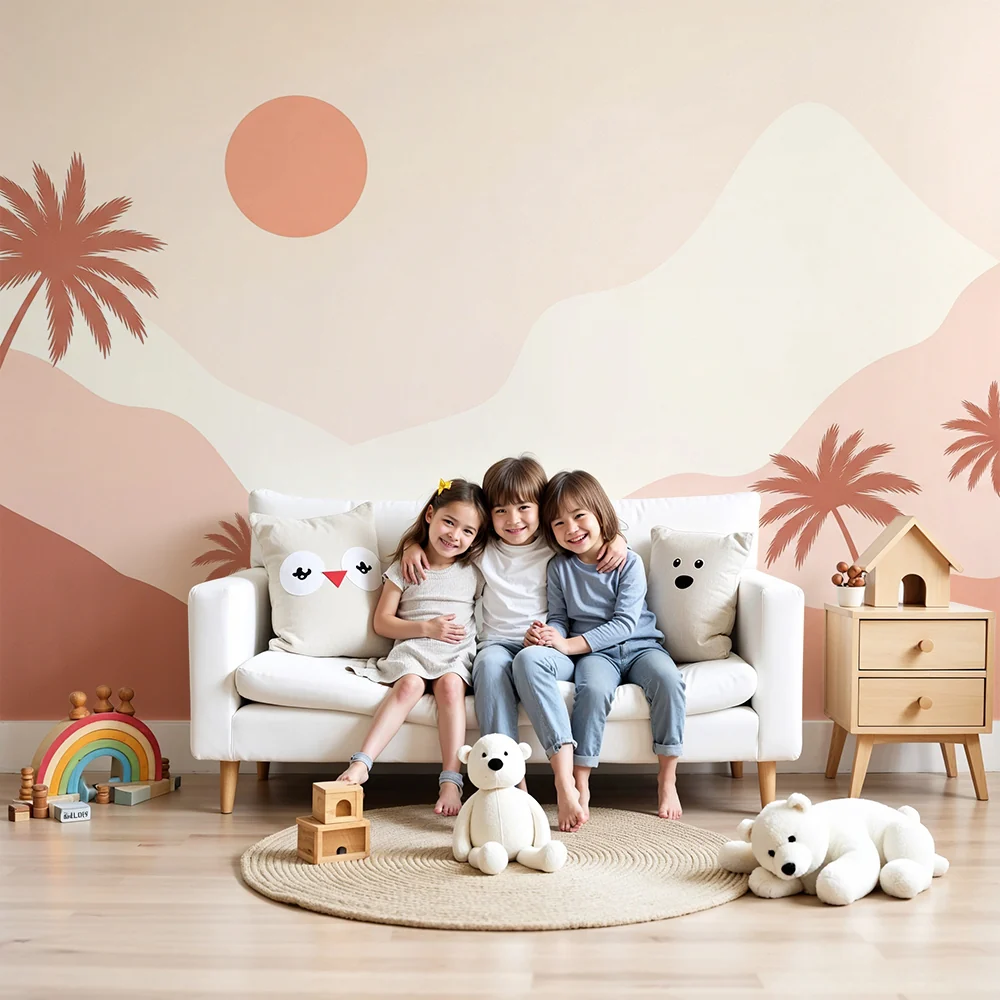 Lastenhuoneen tapetti | Minimalistinen maisema palmuilla ja lempeällä auringolla