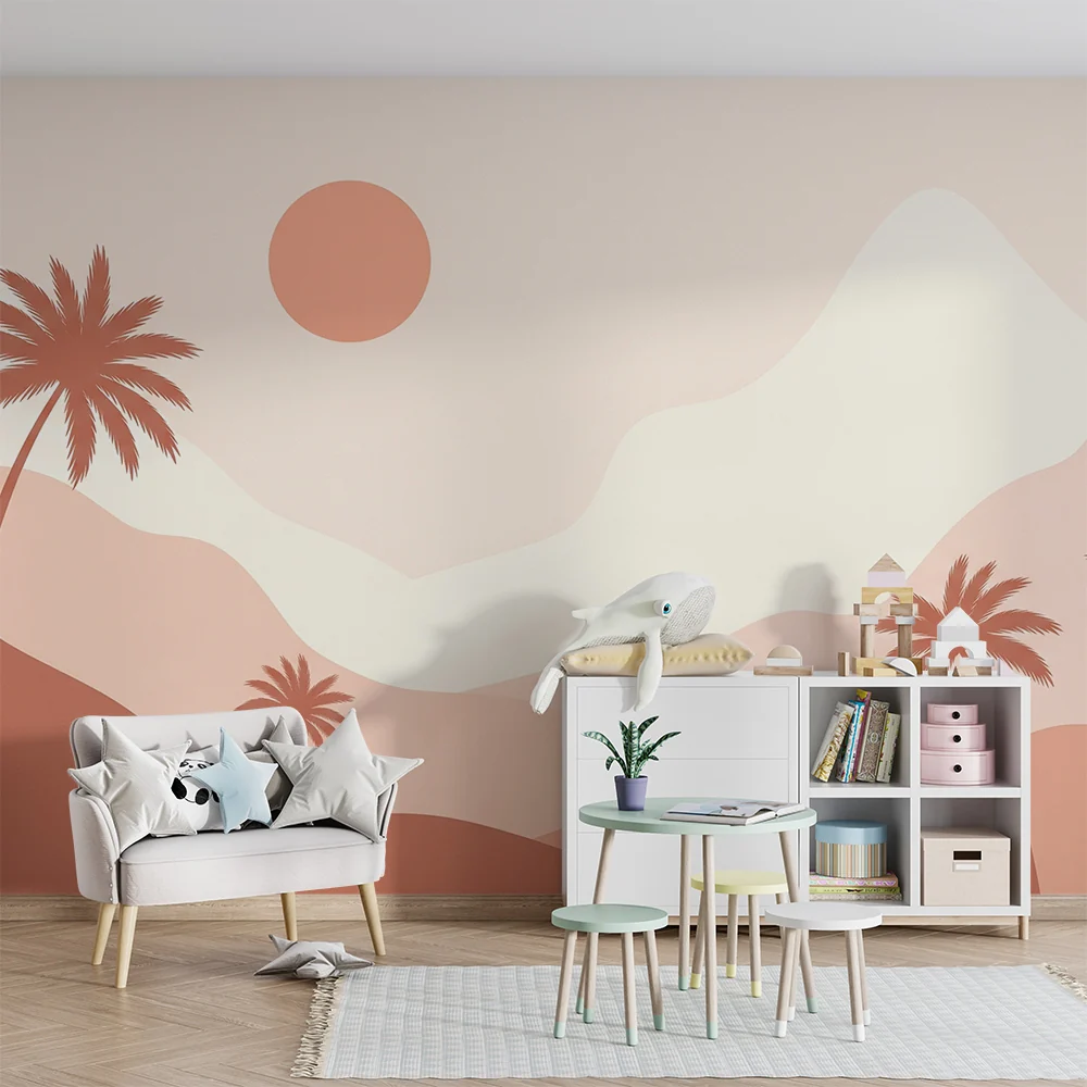Lastenhuoneen tapetti | Minimalistinen maisema palmuilla ja lempeällä auringolla