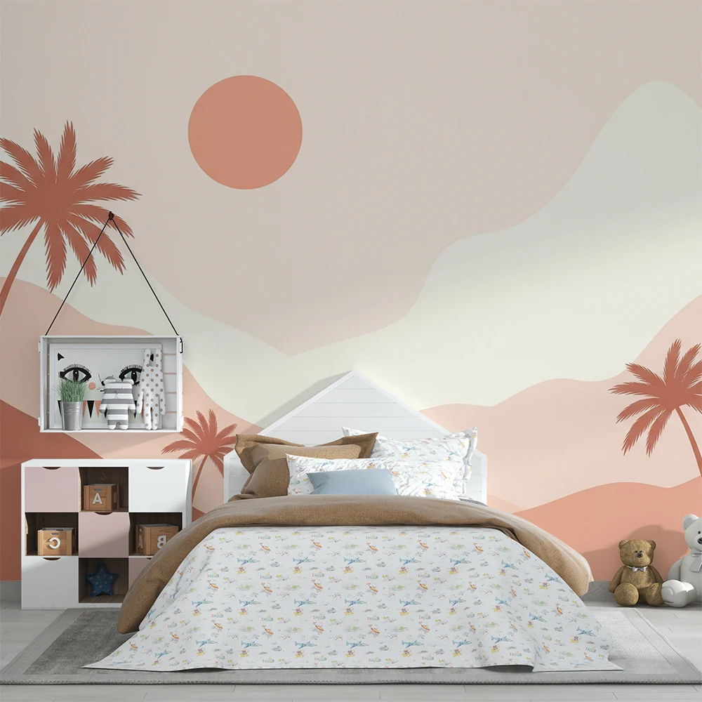 Lastenhuoneen tapetti | Minimalistinen maisema palmuilla ja lempeällä auringolla