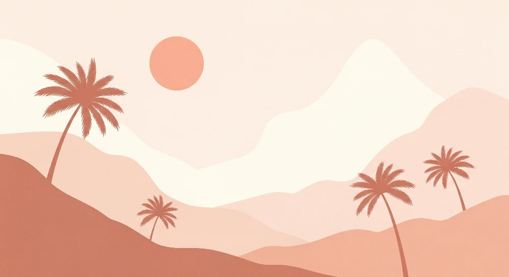 Lastenhuoneen tapetti | Minimalistinen maisema palmuilla ja lempeällä auringolla