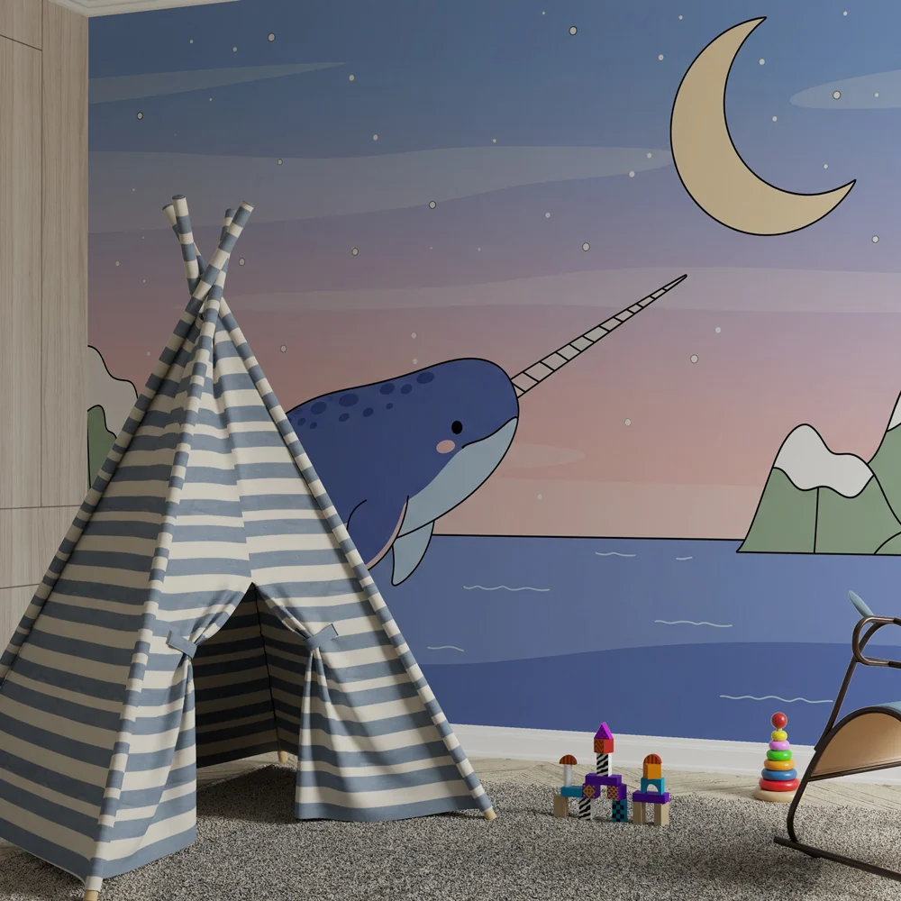 Lastenhuoneen tapetti | Narwhal hyppää kuun alla