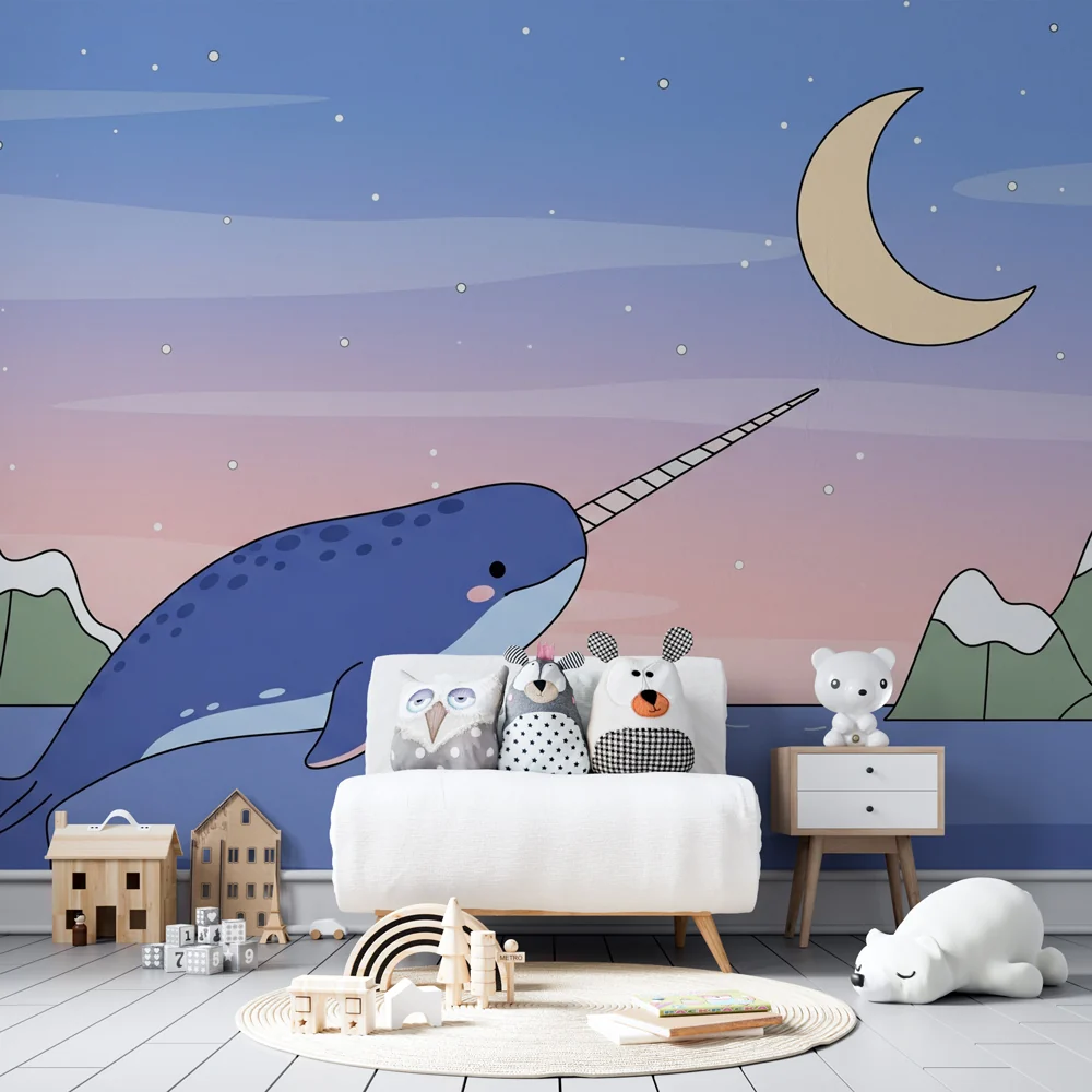Lastenhuoneen tapetti | Narwhal hyppää kuun alla