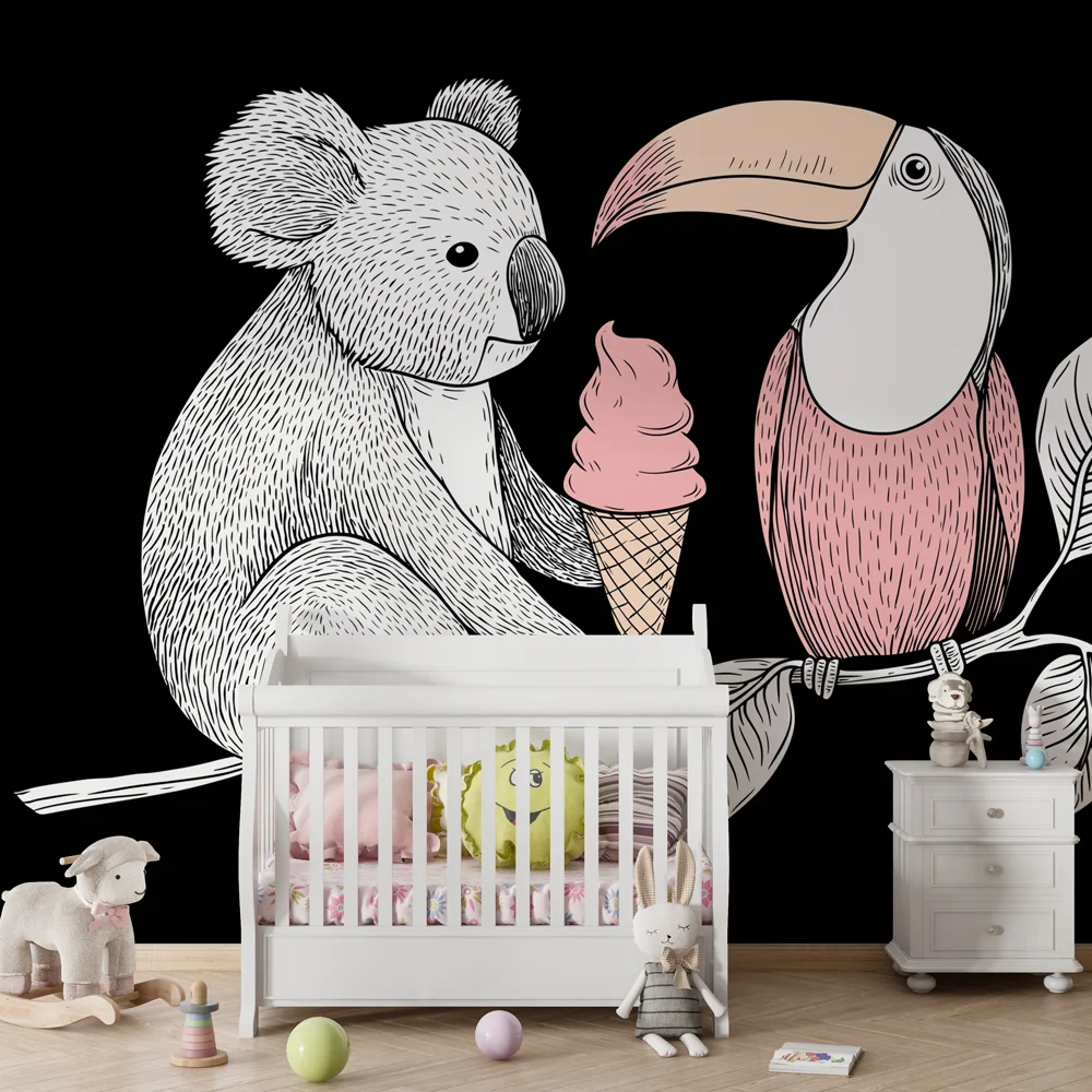 Lastenhuoneen tapetti | Nälkäinen koala ja värikäs tukaani