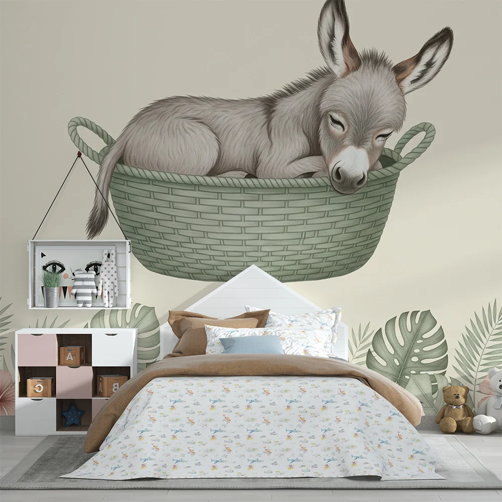 Lastenhuoneen tapetti | Nukkuva aasi korissa
