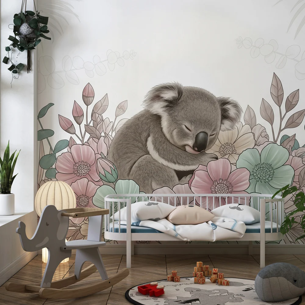 Lastenhuoneen tapetti | Nukkuva koala kukkien keskellä