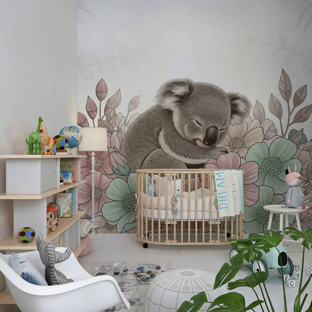 Lastenhuoneen tapetti | Nukkuva koala kukkien keskellä