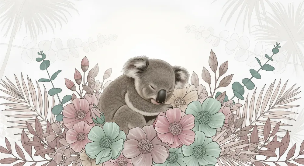 Lastenhuoneen tapetti | Nukkuva koala kukkien keskellä