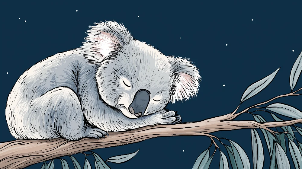 Lastenhuoneen tapetti | Nukkuva koala oksalla yönsinisen taivaan alla