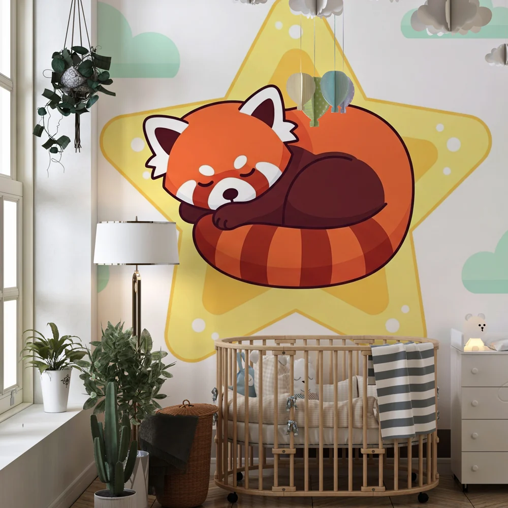 Lastenhuoneen tapetti | Nukkuva kultapanda tähtien päällä