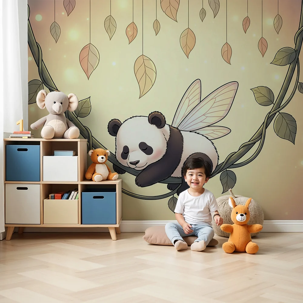Lastenhuoneen tapetti | Nukkuva panda keiju siivillä oksalla