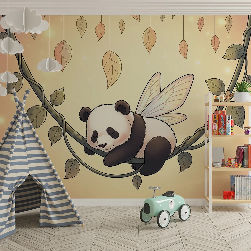 Lastenhuoneen tapetti | Nukkuva panda keiju siivillä oksalla
